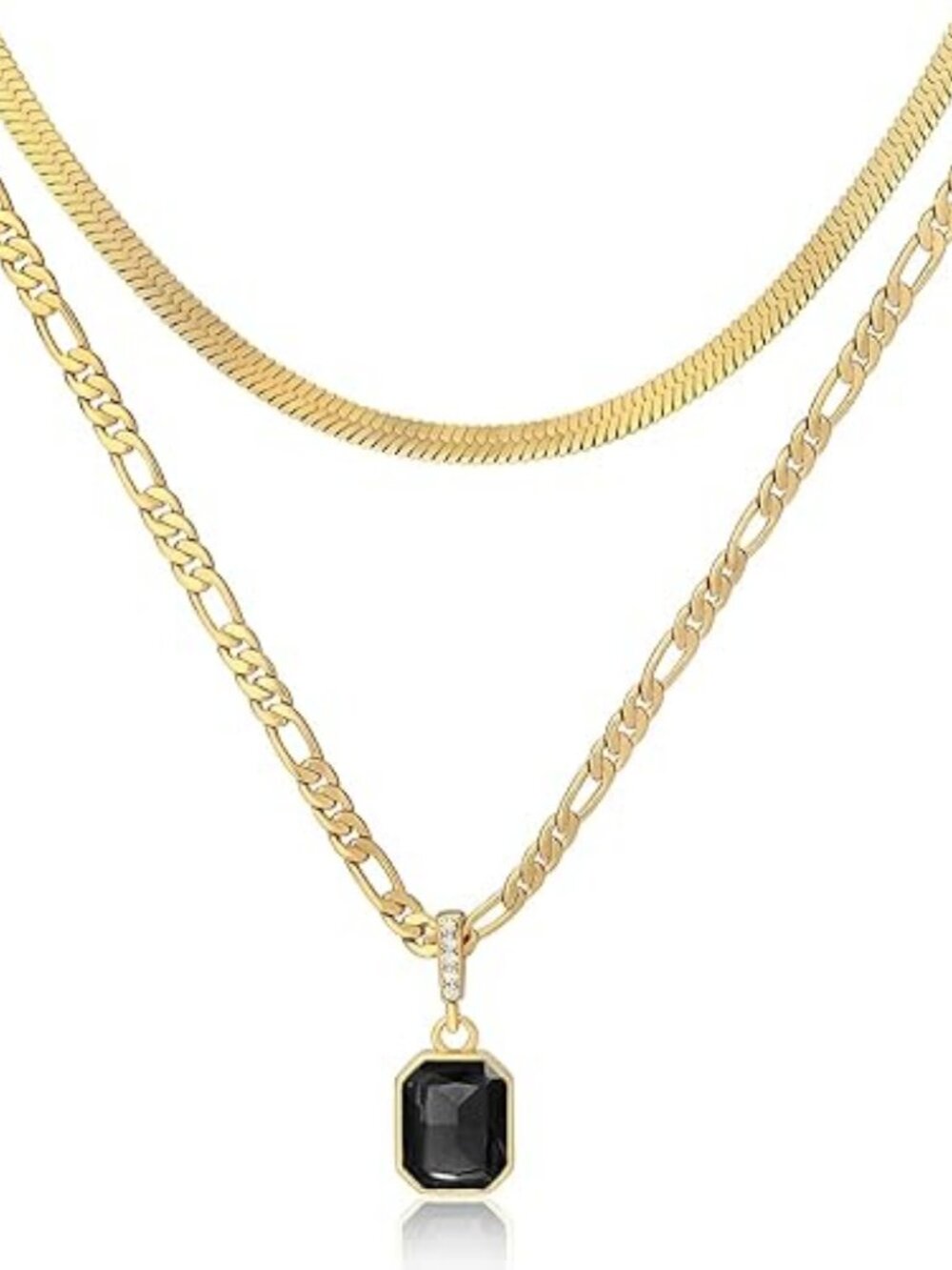 18K Gold Plated Layered Necklace Emerald Rectangle Pendant Choker